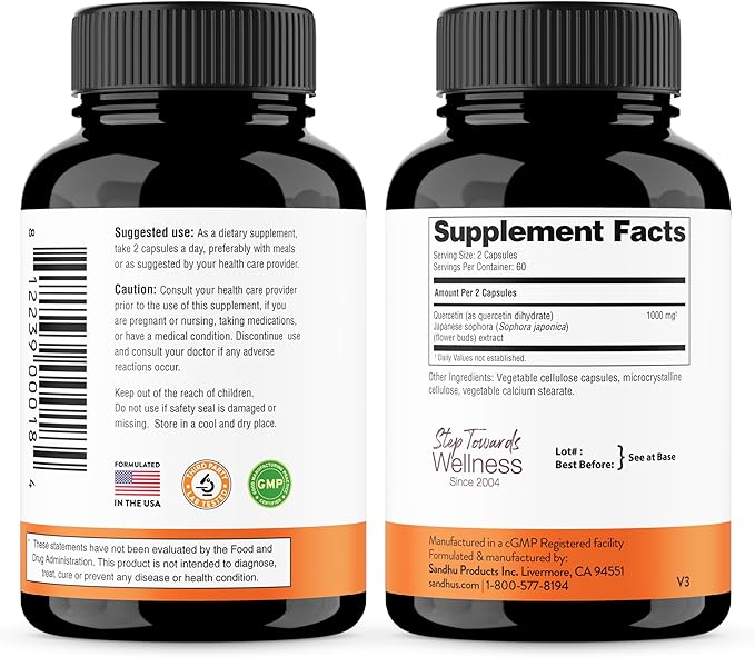 Sandhu's Quercetin 1000mg Per Serving Vegetarian Supplements 120 Capsules (Pack of 2) Bioflavonoids for Immune Support & Respiratory Health, Seasonal Allergy Support | Quercitin for Men and Women