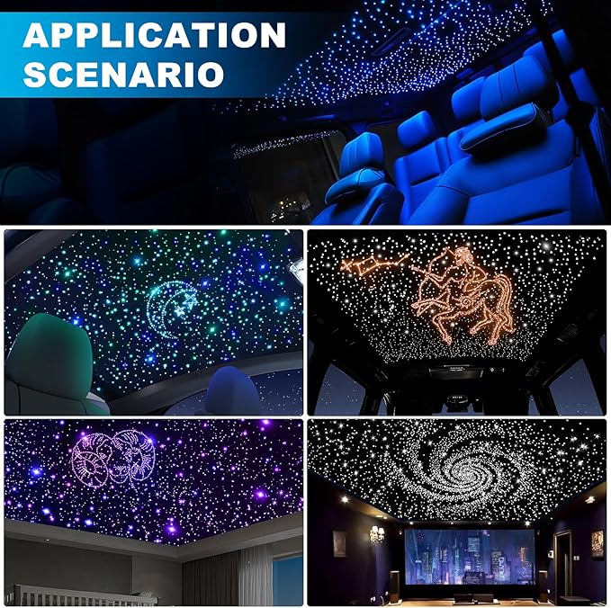 4 Colors 32W Twinkle Car Starlight Headliner Kit 500pcs*0.03in*13.1ft with APP&RF Remote, RGBW Fiber Optic Ceiling Star Lights, 4 Port Engine Sound Activated Star Roof Lights for Car Home Theater
