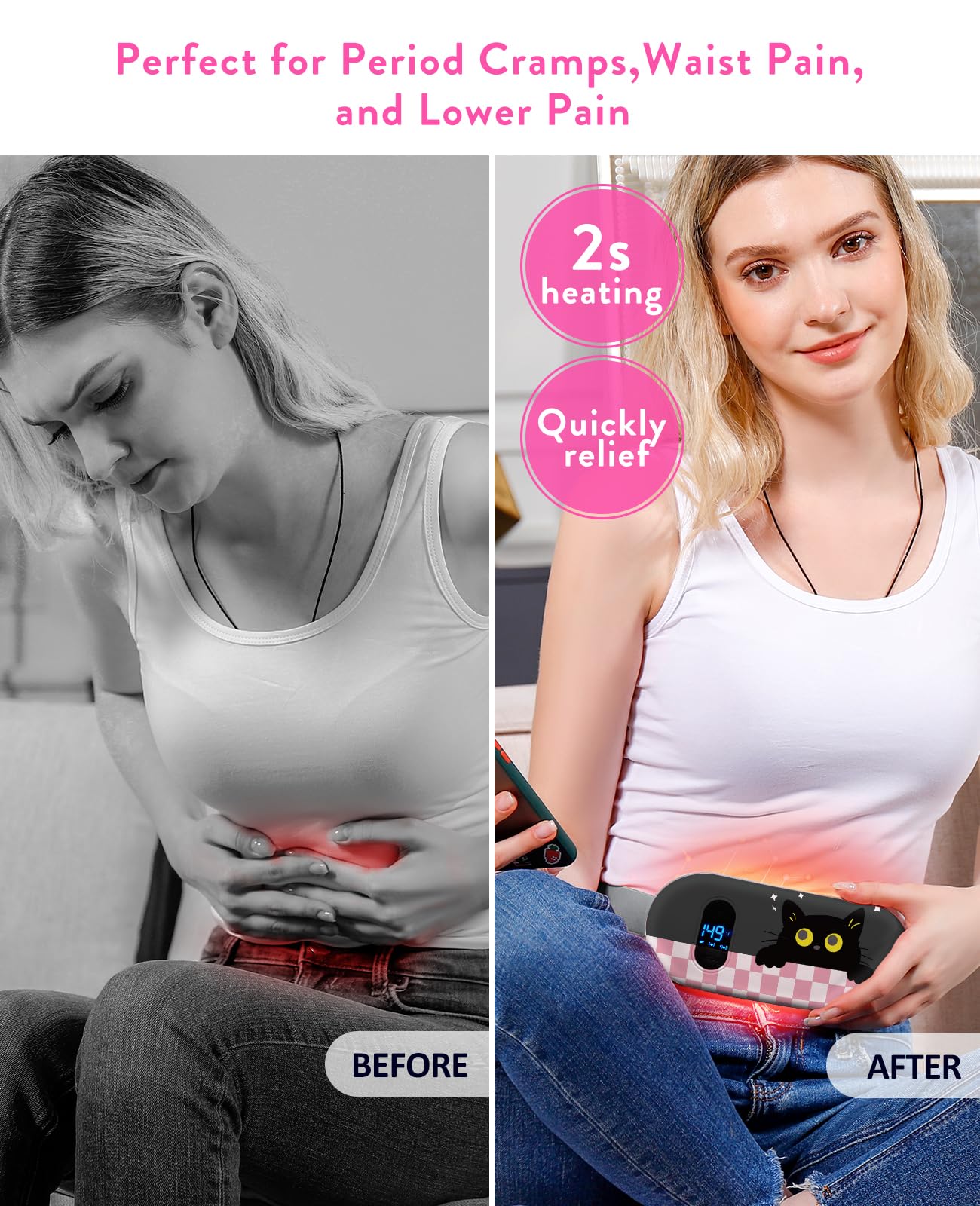 Portable Heating Pad for Period Cramps: Cordless Menstrual Heating Pad with 6 Heat Levels and 6 Massage Modes, 3s Fast Heating Gift for Women and Girl(Pink)