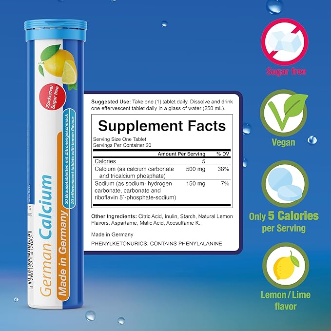 T&D German Calcium 500 mg - 100 Vegan Drink Effervescent Tablets - Lemon Lime Flavor - Made in Germany