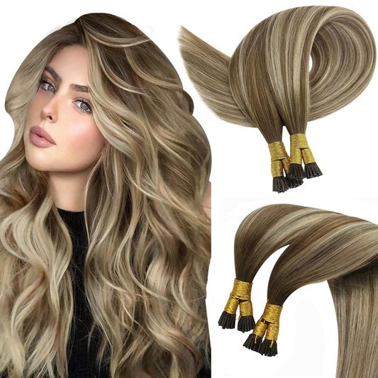 Sunny Itip Human Hair Extensions Brown Balayage 50G Itip Hair Extensions Cool Brown Balayage Light Brown Highlight Blonde I Tip