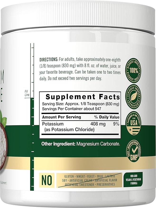 Carlyle Potassium Chloride Powder Supplement 16 oz | Food Grade | Salt Substitute | Vegan, Vegetarian, Non-GMO, Gluten Free