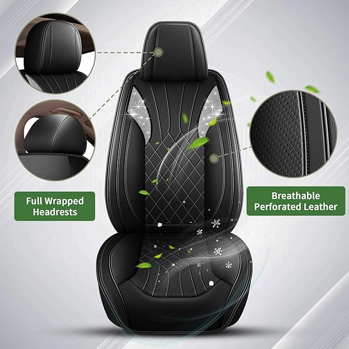 Bling Diamond Embroidered Seat Covers for Nissan Maxima 2011-2023, Full Set 5 Seats, Sparkle Rhinestone Breathable Perforated Faux Leather Car Seat Covers for Women (Black)