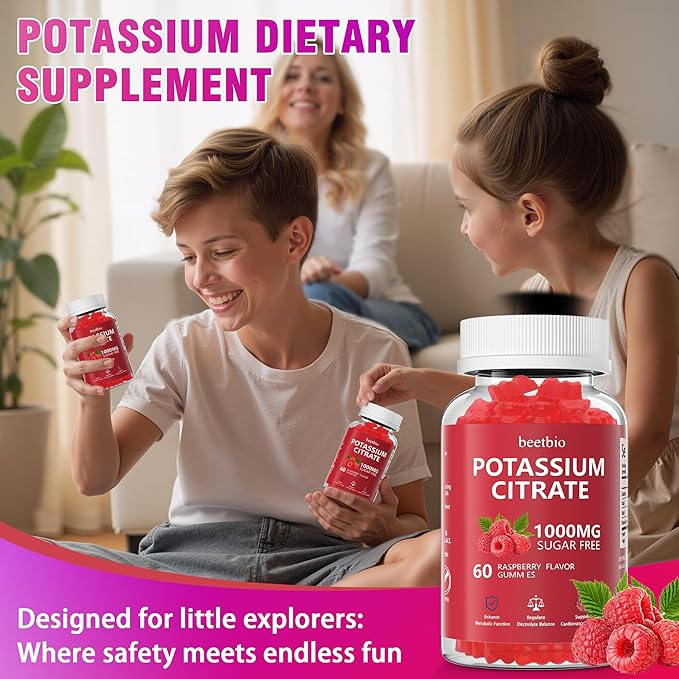 Potassium Citrate Gummies 1000mg, Chewable Potassium Citrate Supplement for Kids & Adults, Support Leg Cramps & Muscle Health, Sugar Free, Vegan, Raspberry Flavor (60Count)