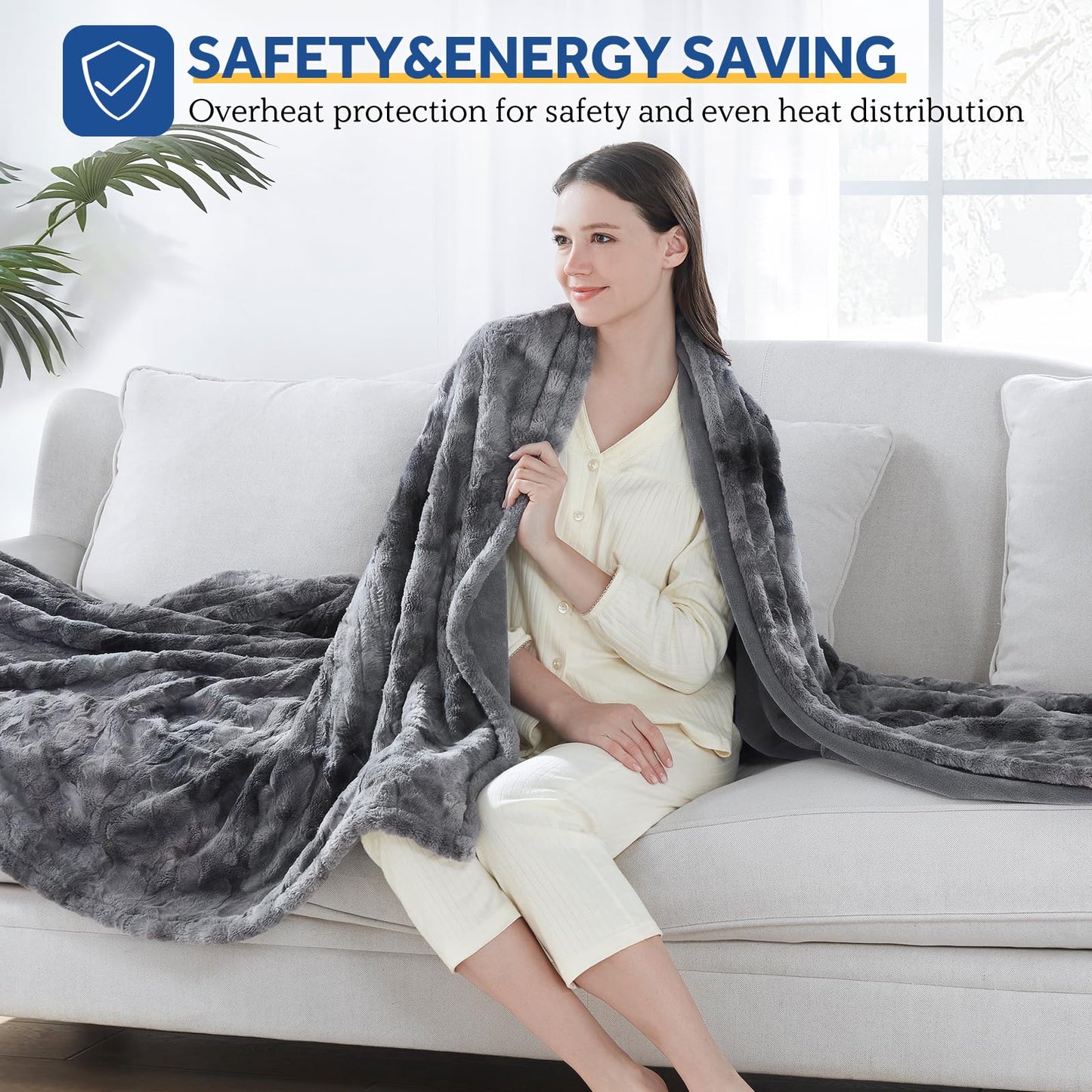 Sealy Electric Blanket Heated Throw, Faux Fur Heating Blanket with 6 Heat Settings & 2-10 Hours Auto Shut Off, Fast Heating & ETL Certification, 50x60 Inch, Grey