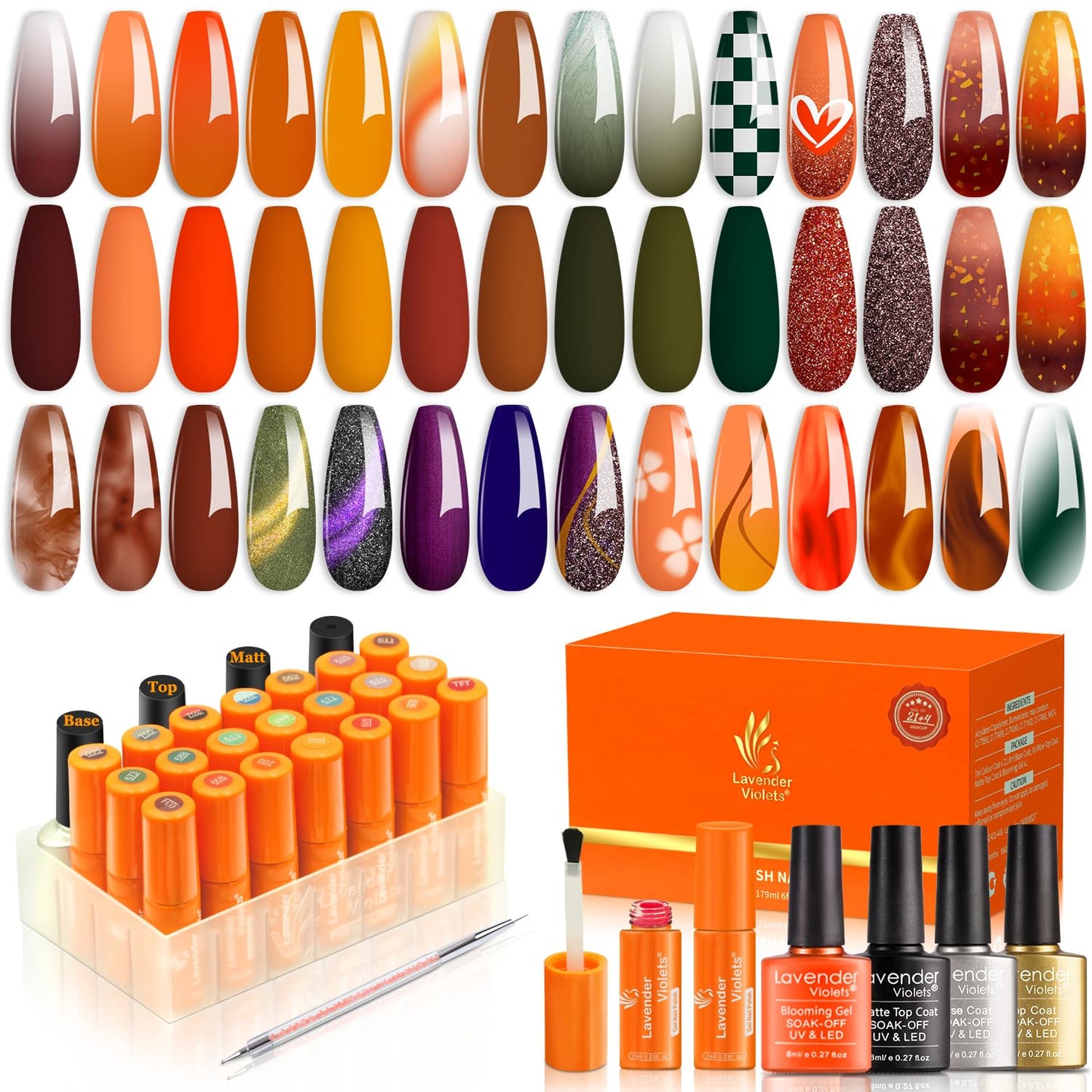 Lavender Violets 27 Pcs Gel Nail Polish Kit Early Spring Earth Colors Red Green Yellow Blossom Effect Cat Eye Led French Nail Po