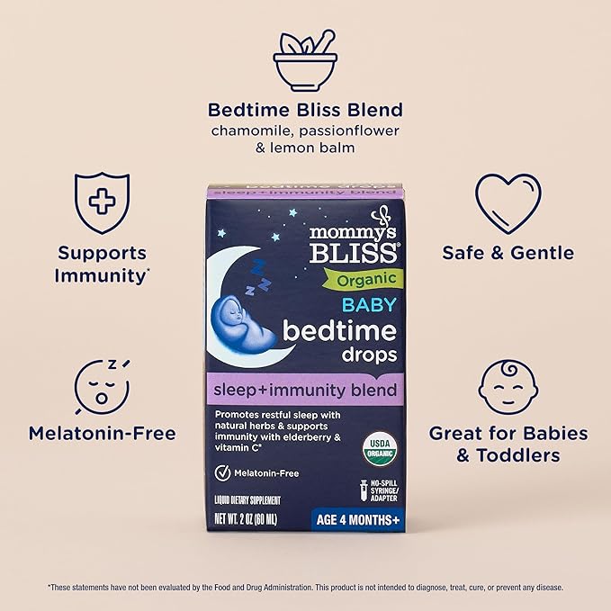 Mommy's Bliss Organic Baby Bedtime Drops + Overnight Immunity Support*, Promotes Restful Night, Melatonin Free, Age 4 Month+, 2 Fl Oz