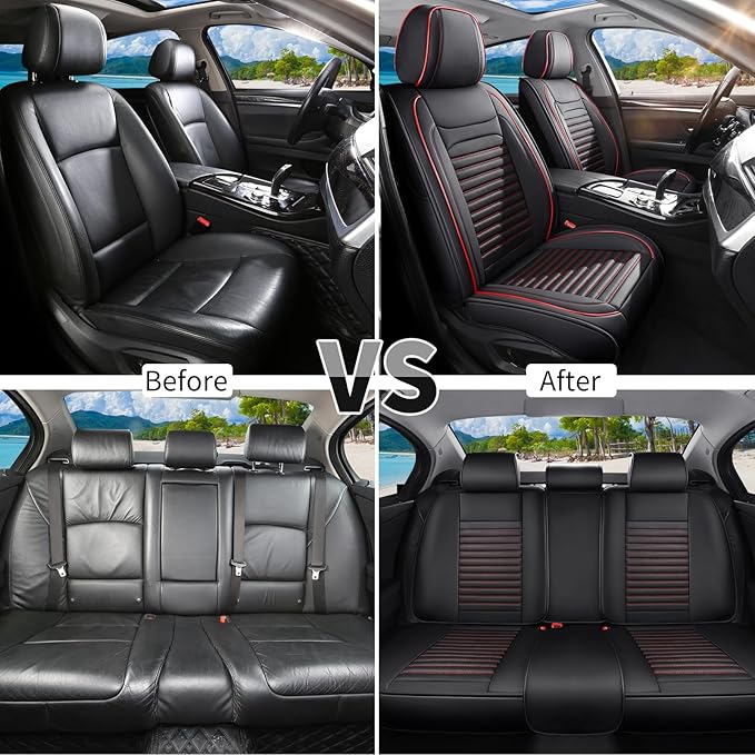 Car Seat Covers Full Set Fit for Toyota Avalon 2001-2022, Premium Faux Leather Car Seat Protector,Breathable Anti-Slip Full Wrapping Edge Seat Covers(Black&Red,Full Set)