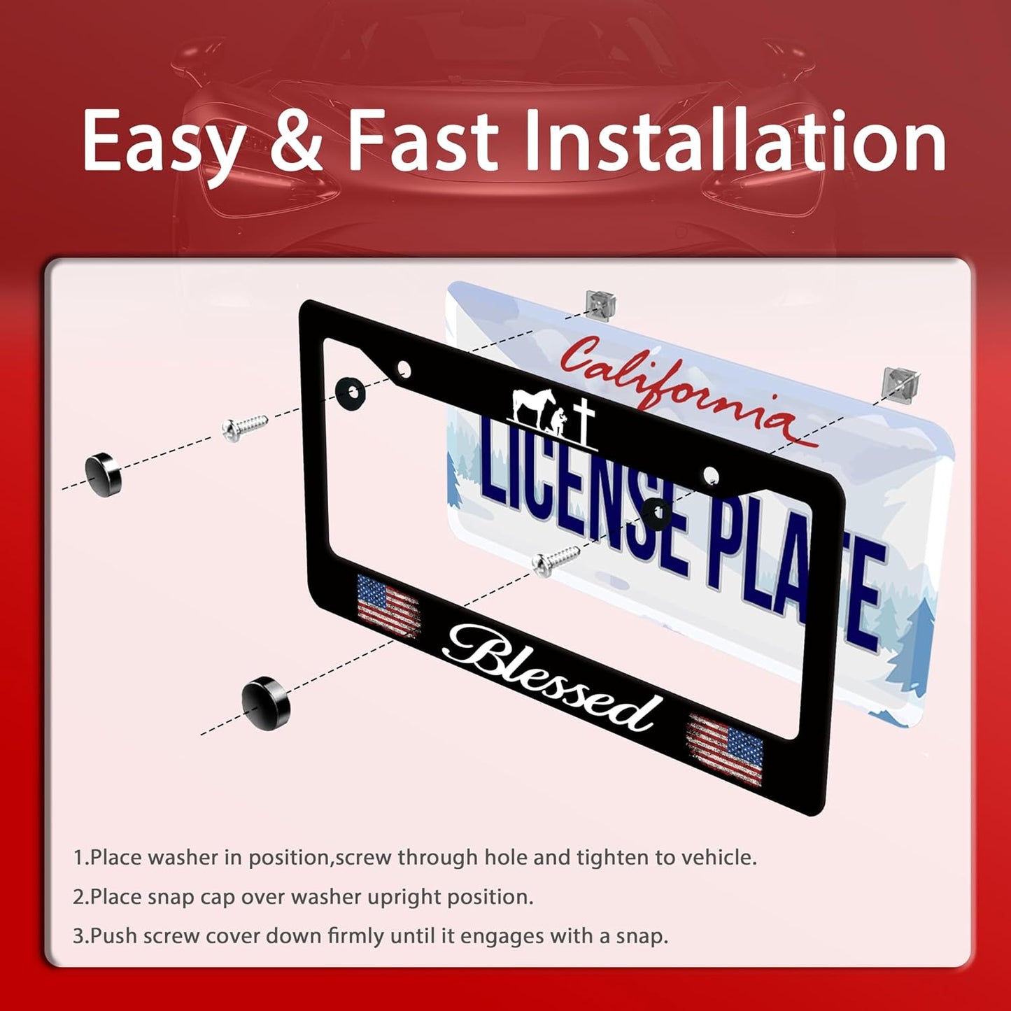 Blessed American Flag License Plate Frame Cross Pray for US License Plate Frames Stainless Steel Accessories Cars Decor with 2 Holes and Screws Fits Standard US CA Vehicles Size 12.2 x 6 Inches