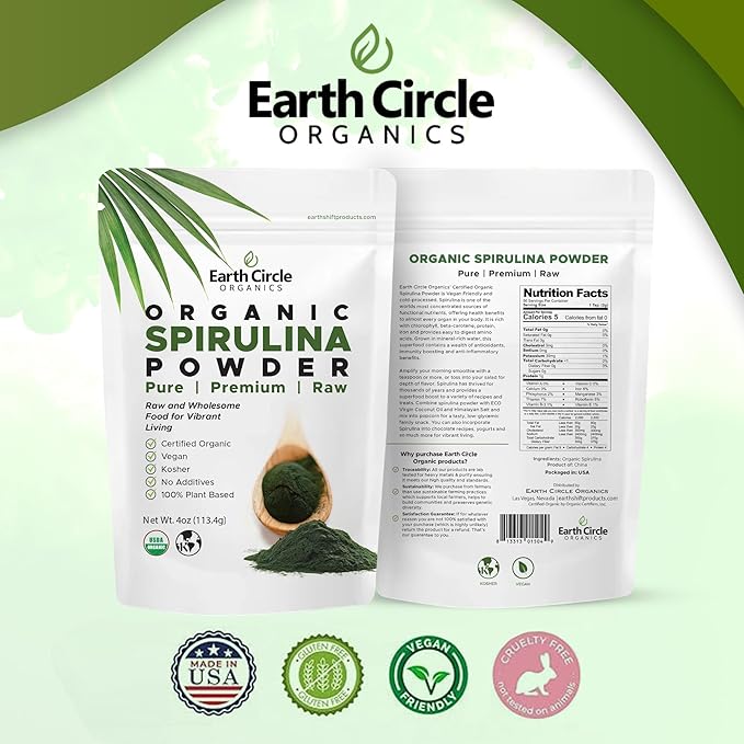 Earth Circle Organics Spirulina Powder, Kosher, Raw and Non-Irradiated | Pure Vegan Protein | Premium Superfood, High in Amino Acids and Antioxidants - 4 Ounce (2 Packs)