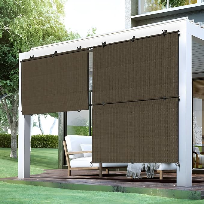 Bynbbur 7'W x 12'H Outdoor Patio Shades Foldable Roller Blinds, 220 GSM Sun Shade Roll Up Porch Screens Exterior Shade Cloth for Deck Pergola Backyard, Brown