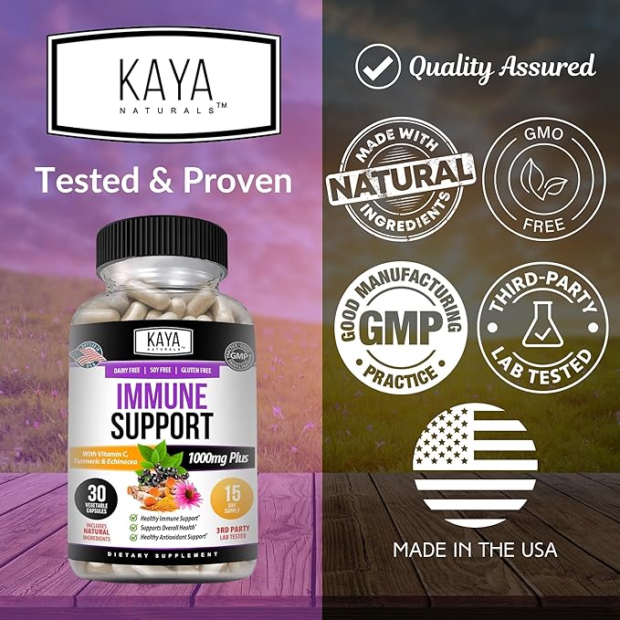 Kaya Naturals Elderberry Immune Support | Vitamins with Zinc and Vitamin C for Adults, Probiotics & Turmeric 1000mg Immune System Booster Sambucus Capsules - 30 Count