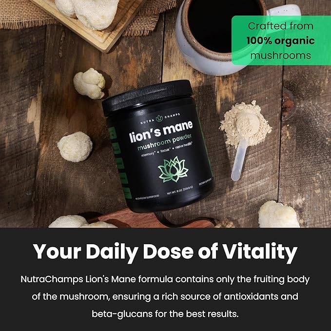 NutraChamps Organic Mushroom Powder - 10-in-1 Complex - Mushroom Supplement Powder Blend for Memory, Focus & Immune Support - 8oz (8.0 OZ, Lion's Mane)