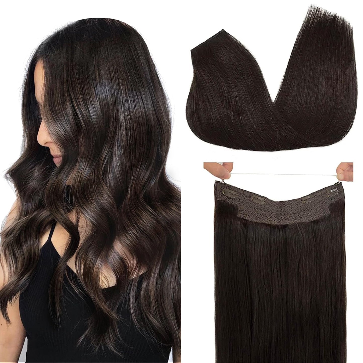 Goo Goo Wire Hair Extensions Human Hair, 2 Dark Brown Natural 16Inch 95G, Invisible Wire Hair Extensions With Transparent, Seaml