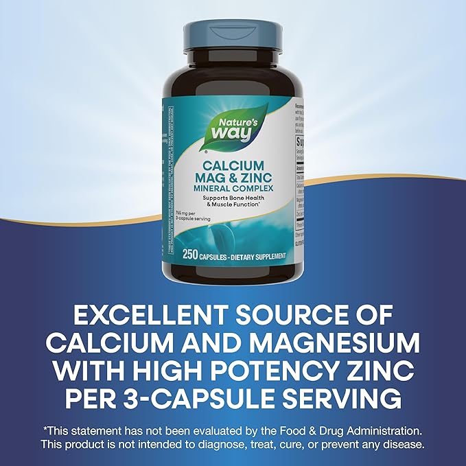 Nature's Way Calcium Magnesium & Zinc Mineral Complex, Supports Bone Health & Muscle Function*, Immune Support*, 250 Capsules (Packaging May Vary) - 2 Pack