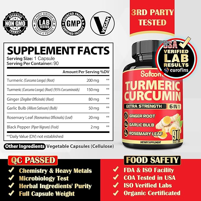 Satoomi 6in1 Turmeric Curcumin Supplement - 3 Month Supply - 95% Curcuminoids with Ginger Root, Garlic Bulb, Rosemary & Black Pepper - 90 Capsules
