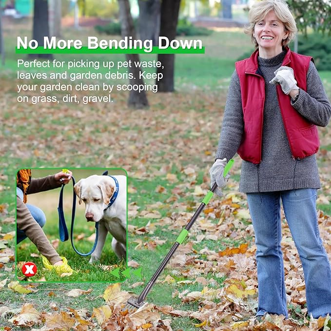 Non-Breakable Pooper Scooper, Dog Pooper Scooper Tray & Rake Set with Adjustable Stainless Steel Long Handle for Large Medium Small Dogs (Green)