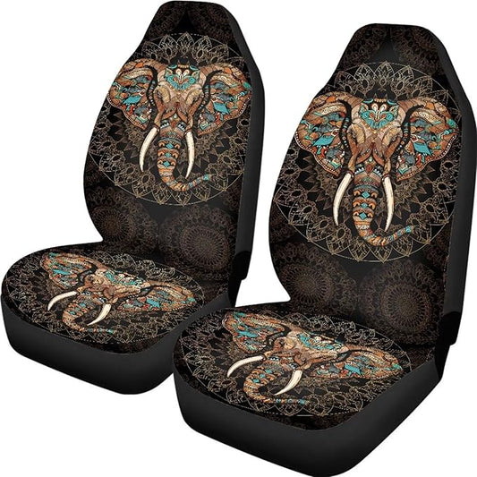 Bohemian Elephant Print Car Accessories Women Men Front Seat Cover Set Stretchy Saddle Blanket Auto Bucket Seat Protectors, Car Interior Automotive