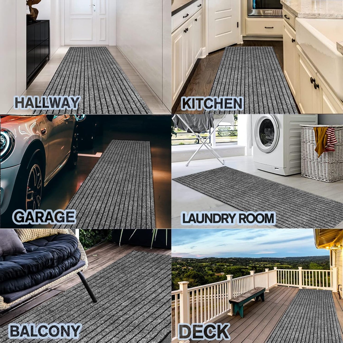 Custom Size Backed Non-Slip Area Rugs Runner, Easy Clean, Waterproof Runner Rugs for Hallway Entryway, Kitchen, Laundry, 3FT x 63FT, Gray Stripe