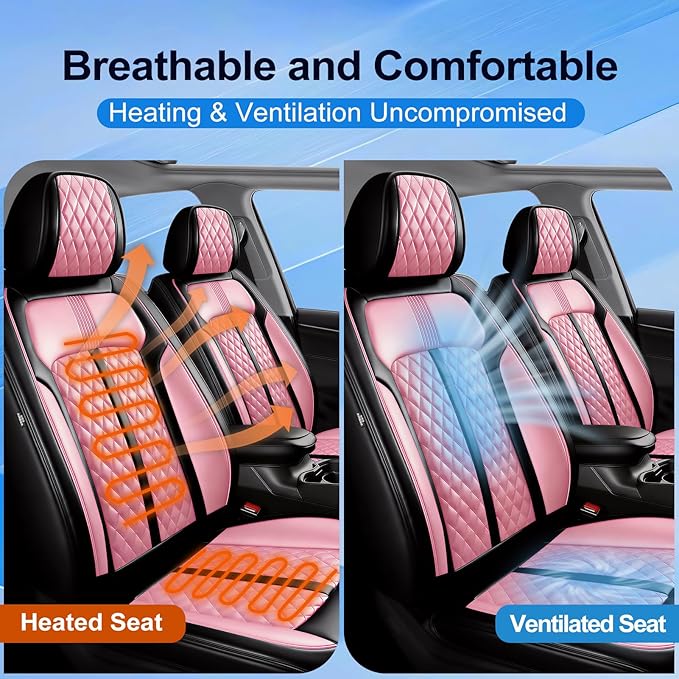 Fit Sonic Car Seat Covers for Select Chevrolet/Chevy Sonic 2012-2020, Premium Full Coverage Leather, Airbag Compatible, Waterproof All Weather Seat Cushion Protector, Full Set, Black+Pink