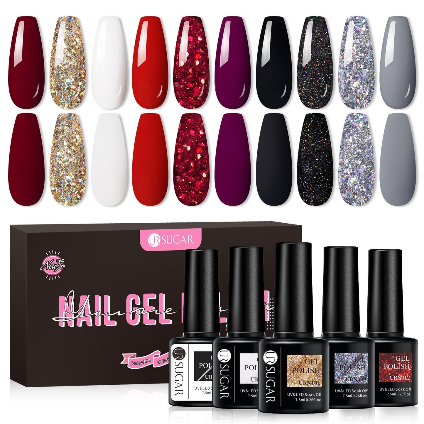 Ur Sugar Black White Red Gel Nail Polish Set, 10 Colors Burgundy Red Grey White Black Red Glitter Sliver Gold Glitter Gel Polish