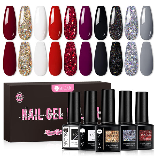 Ur Sugar Black White Red Gel Nail Polish Set, 10 Colors Burgundy Red Grey White Black Red Glitter Sliver Gold Glitter Gel Polish