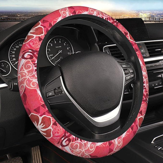Red Hibiscus Polynesian Tapa Car Steering Wheel Cover 14-15 Inch for Women Men - Stretch Cloth Anti-Slip Wrap Protector Case - Fit Universal Auto Accessories Decor - Sweat Absorption