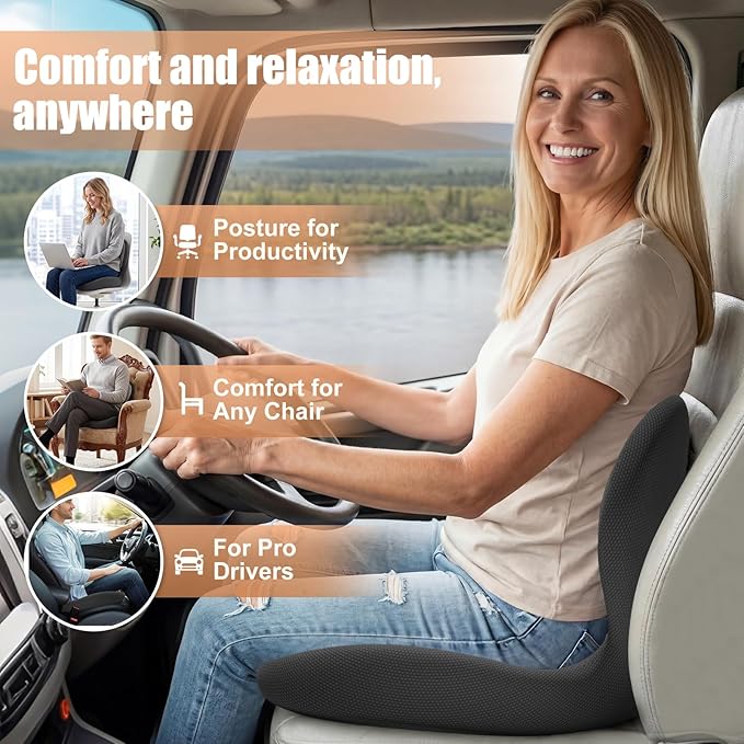 Car Seat Cushion with Lumbar Support for Long Driving Truck RV, 3" Lift Breathable Ergonomic Memory Foam Cushion for Hip, Coccyx, Sciatica, Tailbone & Lower Back Support Vehicles Office Chair (Black)