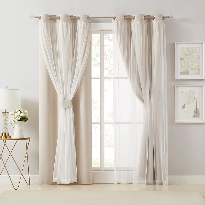 Bujasso Beige 80% Blackout Curtains with Sheer Overlay Mix and Match Double Layer Thermal Insulated Window Panels 63 inch for Living Room Bedroom Beige Drapes with Tiebacks Grommet Top 54" Wx63 Lx2