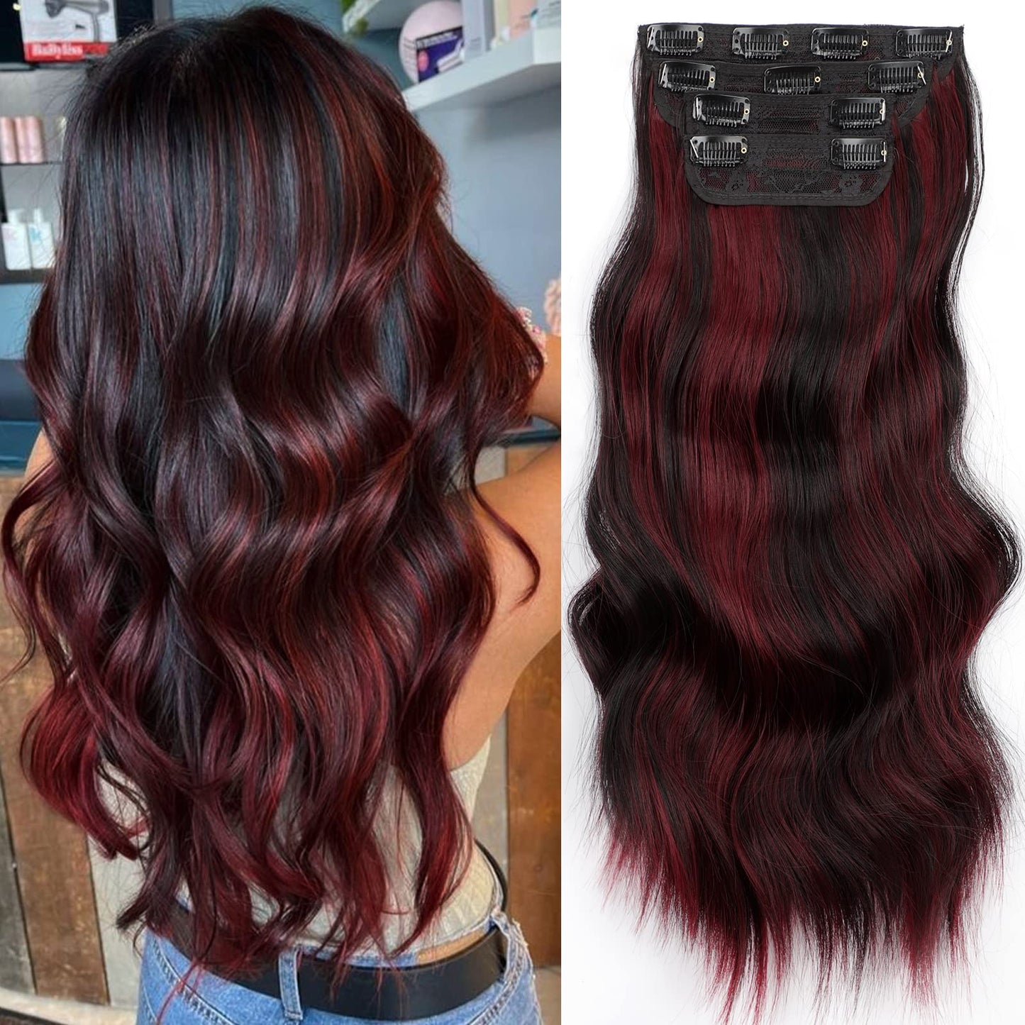 Vigorous Clip In Hair Extensions 4Pcs Black Burgundy Mixed Soft Synthetic Hairpieces Synthetic Hair Extensions 20 Inches Full He