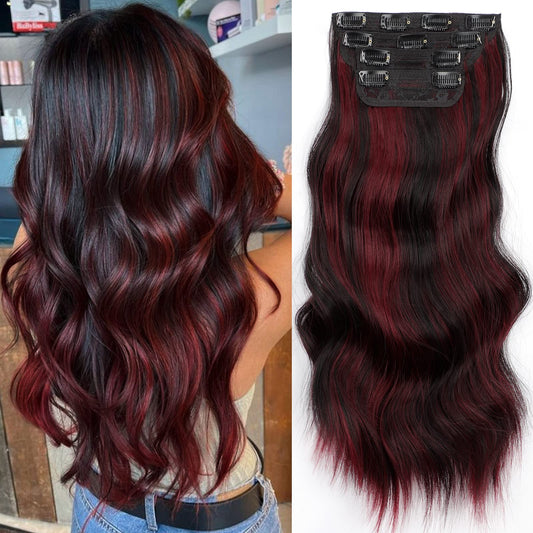 Vigorous Clip In Hair Extensions 4Pcs Black Burgundy Mixed Soft Synthetic Hairpieces Synthetic Hair Extensions 20 Inches Full He