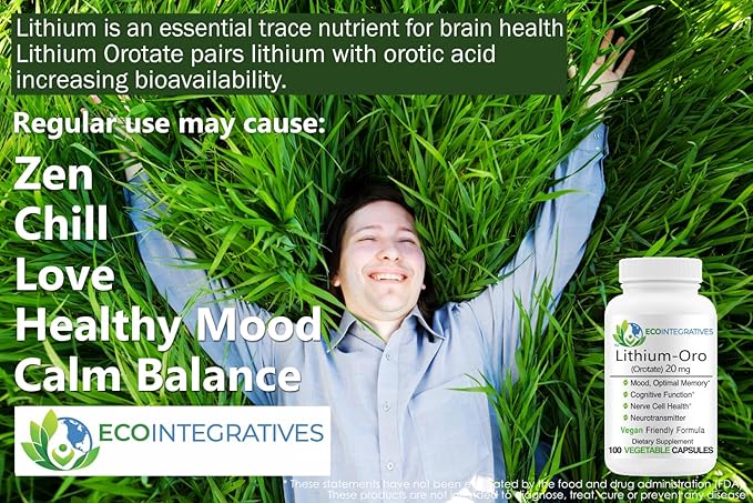 Lithium Oro 20 mg, Supports Healthy Mood Emotional Wellness, Behavior, and Memory. Bioavailable, 100 Caps (Elemental Lithium Orotate)