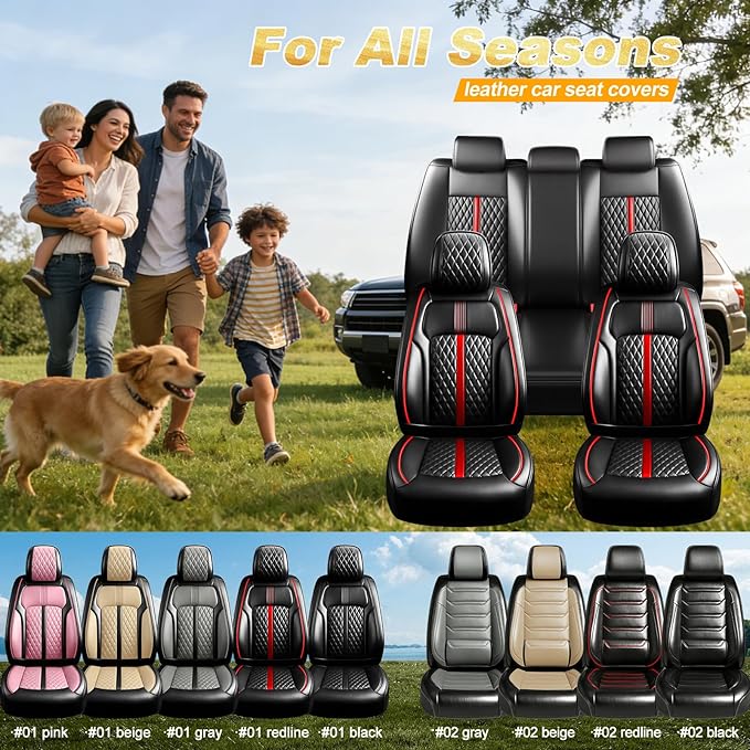 Fit CX-5 Car Seat Covers (Front Pair) for Select Mazda CX5 2013-2024 2025 2026 - Premium Full Coverage Leather, Airbag Compatible, Waterproof & All Weather Seat Protector, Black with Red Trim