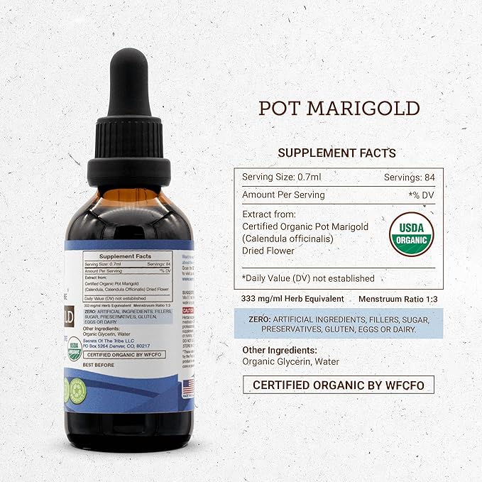 Secrets of the Tribe Pot Marigold Alcohol-Free Liquid Extract, Pot Marigold (Calendula, Calendula Officinalis) Dried Flower Tincture Supplement (2 FL OZ)
