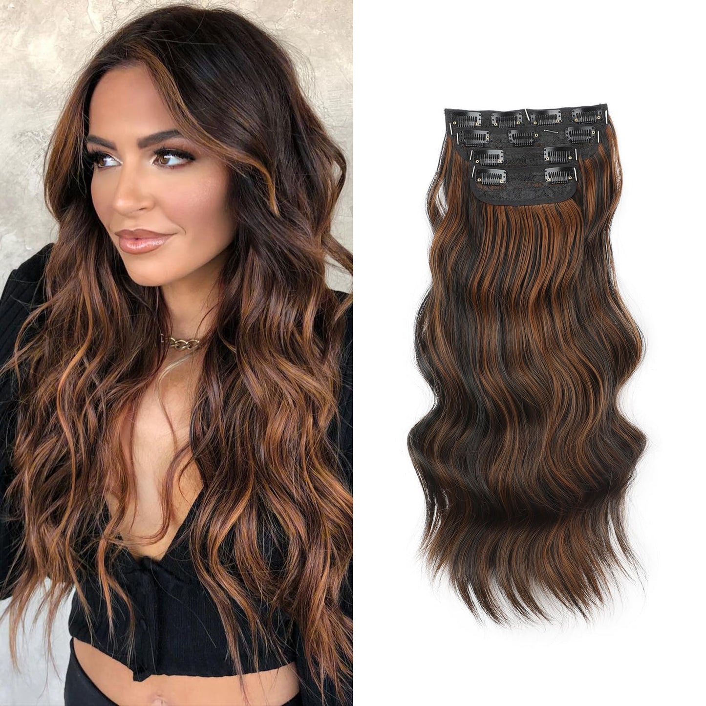 Vigorous Clip In Hair Extensions 20 Inch Black Mix Brown Hair Extensions For Women 4Pcs Long Wavy Hair Extensions For Women