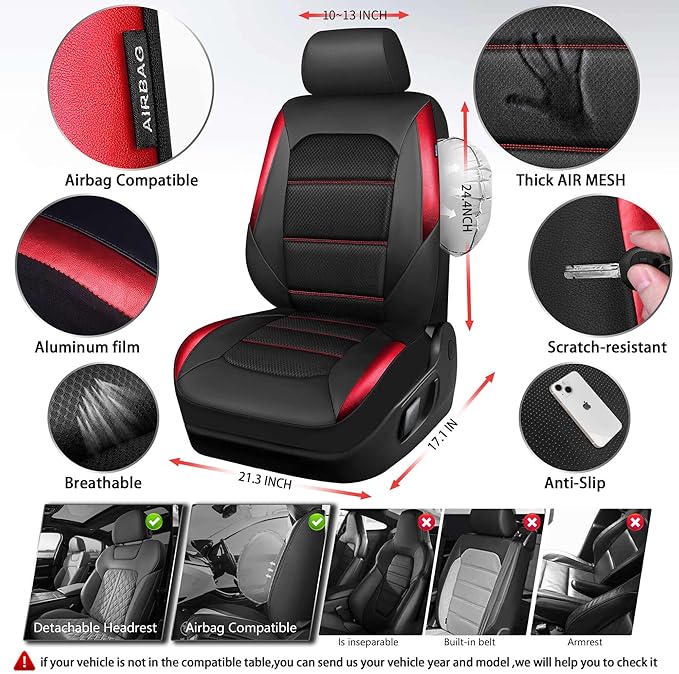 CAR PASS Memory 3D Foam Car Seat Covers Full Set, Breathable Mesh Thick Seat Covers for Car, Red Metal Film Leather Seat Covers, Universal Automotive Comfort for SUVs Trucks, Black Red