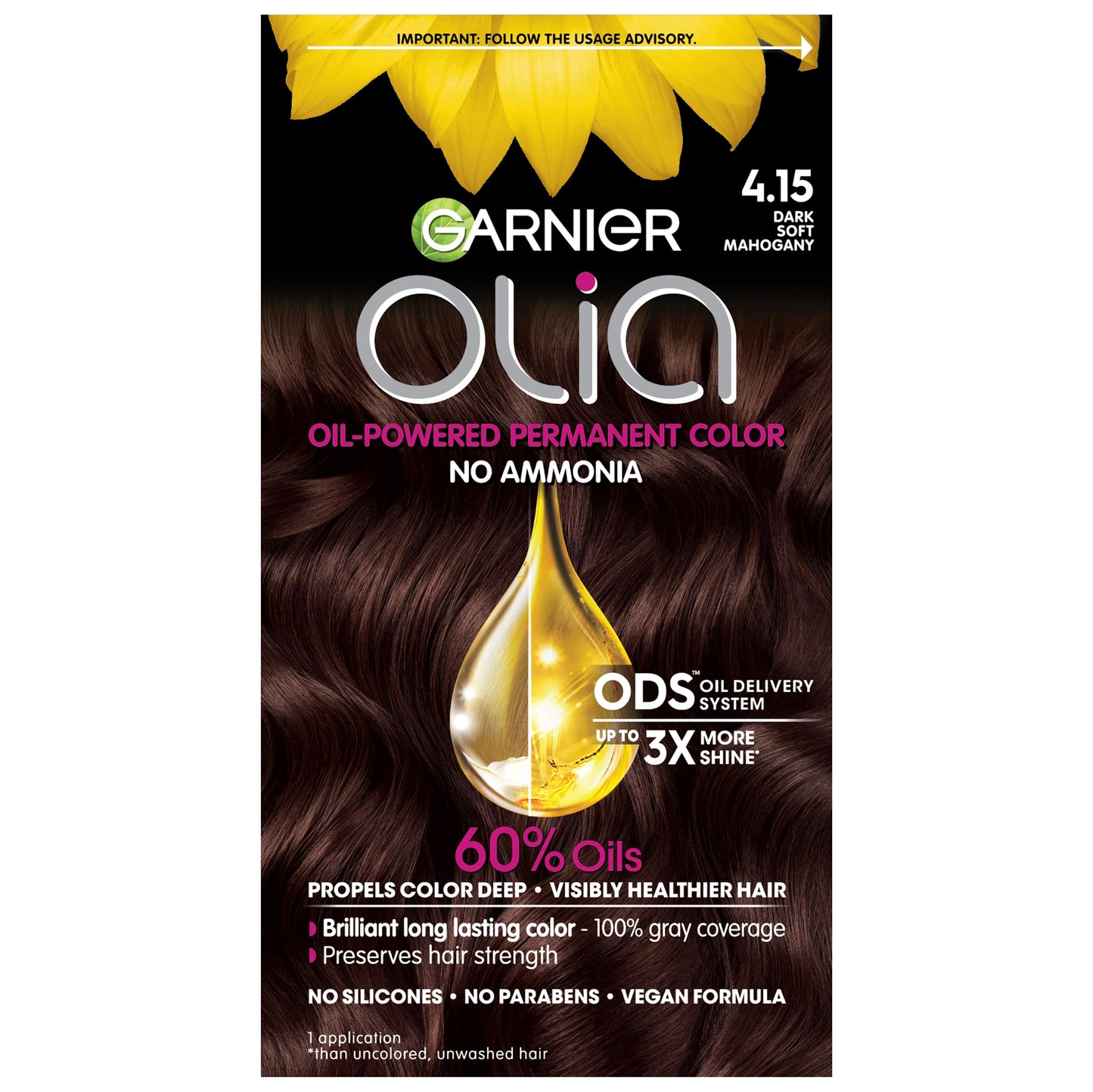 Garnier Hair Color Olia Ammonia-Free Brilliant Color Oil-Rich Permanent Hair Dye, 4.15 Dark Soft Mahogany, 1 Count (Packaging Ma