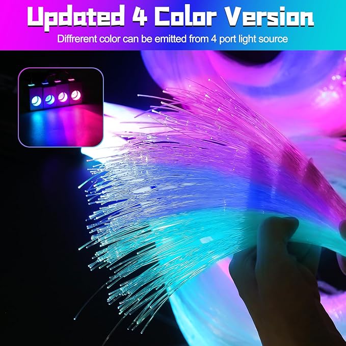 Split 4 Colors 12W Car Starlight Headliner Kit 700pcs*0.02in*9.8ft with APP&RF Remote,RGBW Fiber Optic Strands Star Roof Lights,4 Port Engine Sound Activated Star Ceiling Lights for Car/Home Decor