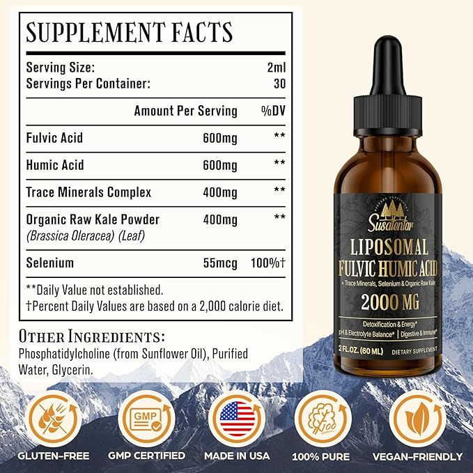 Trace Minerals Electrolytes Drops 2000 MG | Liquid Liposomal Fulvic Humic Acid Supplement | 85+ Trace Minerals | Hydration | Detoxification | Energy | pH Balance | Digestion | Immunity | 6 Oz