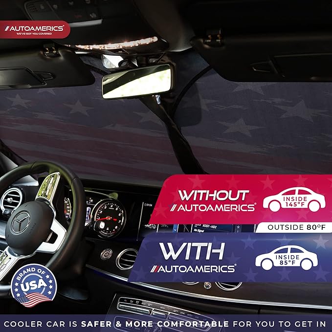 Autoamerics 1-Piece Windshield Sun Shade USA Art Flag - 2 American Design - Foldable Car Front Window Sunshade for Most Sedans SUV Truck - Blocks Max UV Rays and Keeps Your Vehicle Cool - Small