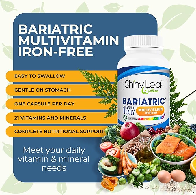 Shiny Leaf Bariatric Multivitamin Without Iron - Vitamins for Gastric Bypass & Sleeve, 1 Daily Capsule W Vitamin A, C, D, Biotin, Zinc, B12, K, Vegetarian, Soy-Free, GMP Cert., Made in USA (60 Ct.)