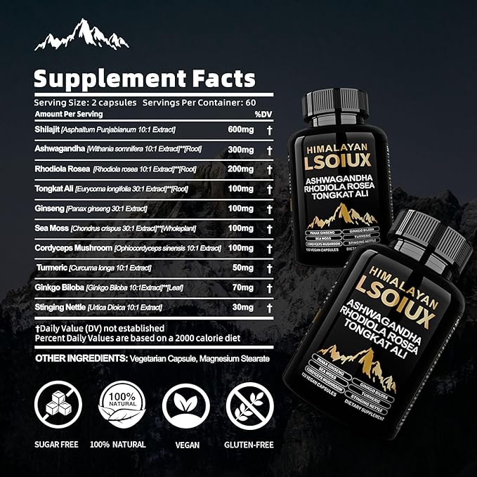 Shilajit Pure Himalayan Organic - 119 Capsules, No Artificial Additives, Formulated with Ashwagandha and Ginseng, Suitable for Various Lifestyles