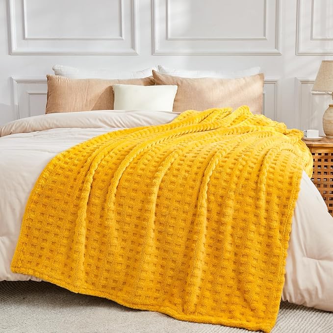 NEWCOSPLAY Super Soft Throw Blanket Yellow Premium Silky Flannel Fleece 3D Waffle Checkered Lightweight Bed Blanket All Season Use (Mustard Yellow, Throw(50"x70"))