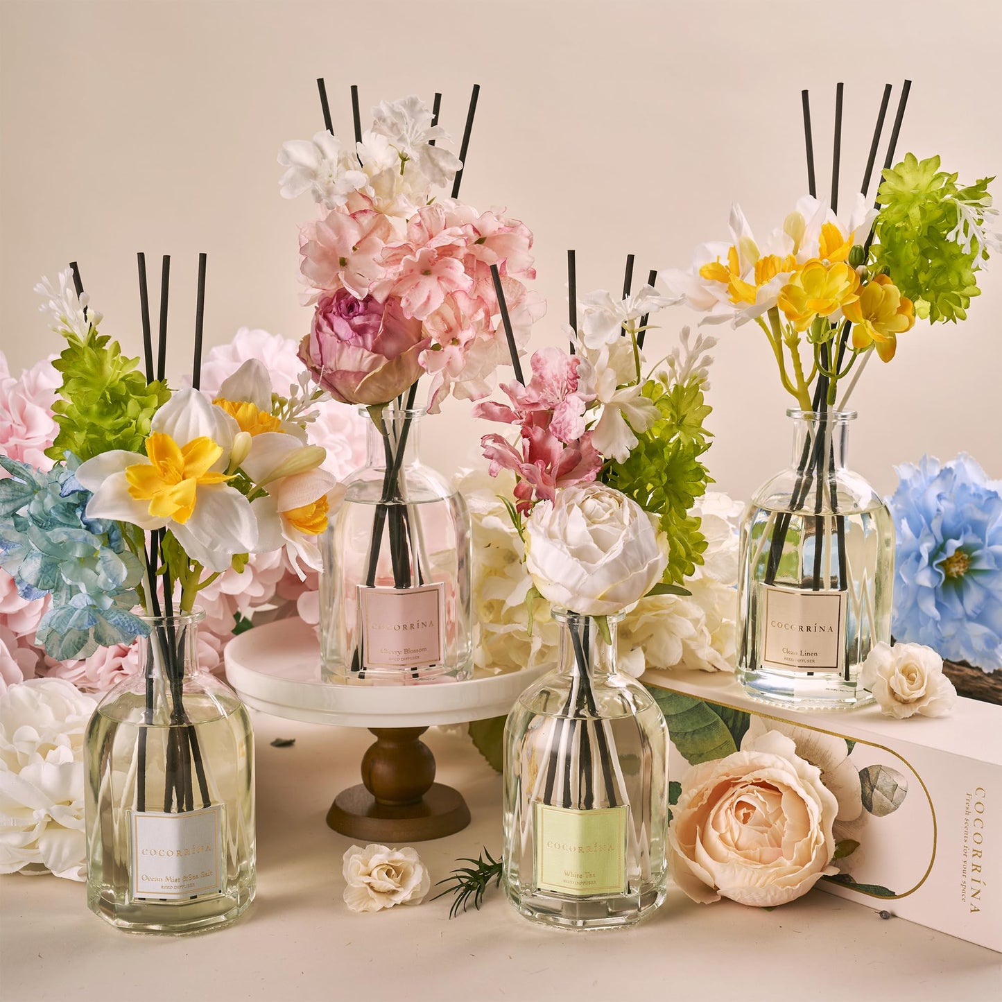 COCORRÍNA Reed Diffuser - Clean Linen 8.5 Fl.oz/ 250ml Flower Diffuser with 8 Sticks, Reed Diffusers for Home Bathroom Shelf Decor (Botanical Flower Collection)