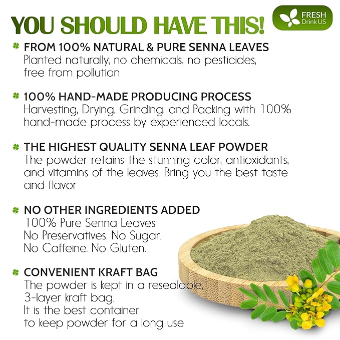 FreshDrinkUS, Premium 10oz Senna Leaf Powder, 100% Natural and Pure from Senna Leaves, No Additives, No Gluten, No Sugar, Vegan (10oz Senna Powder)