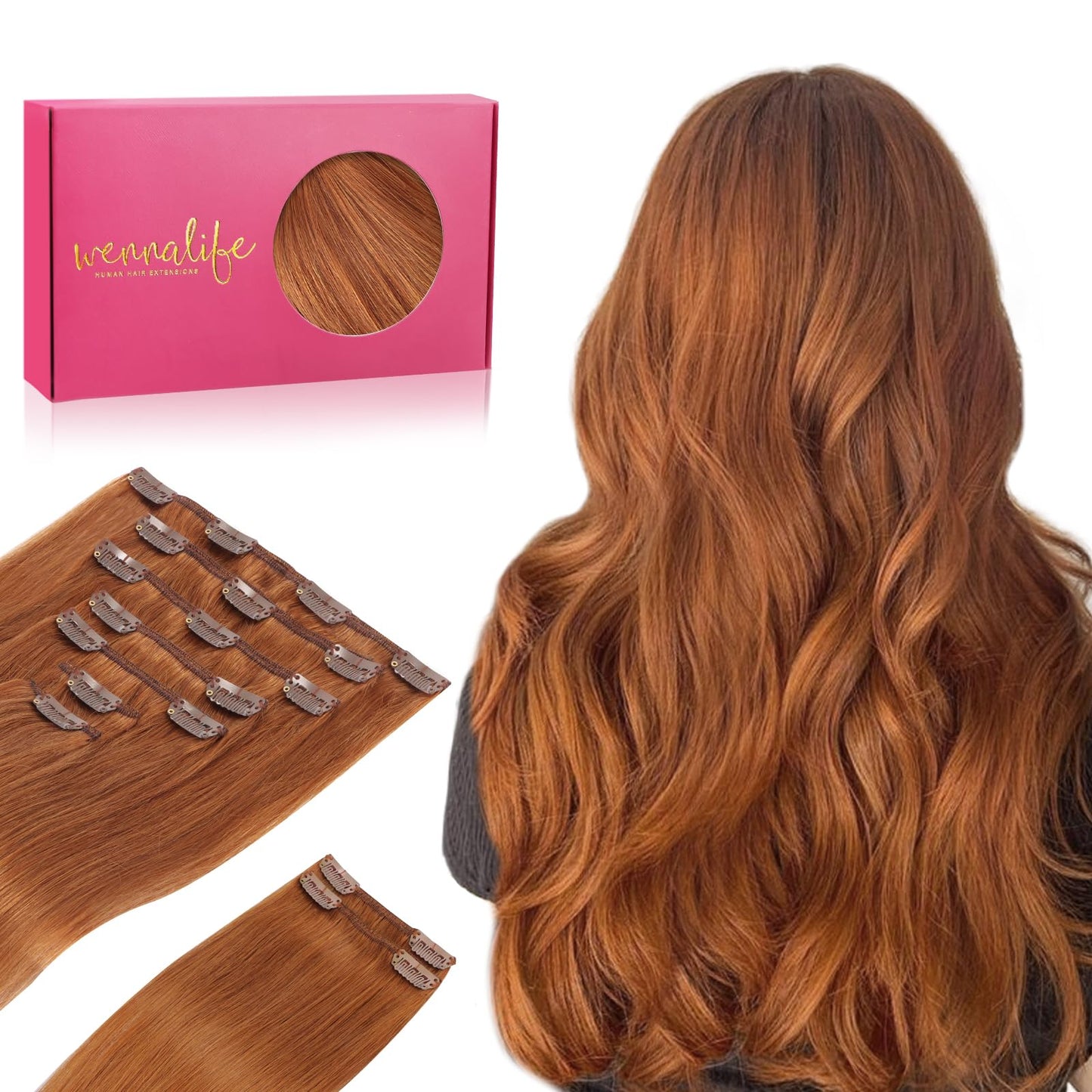 Wennalife Clip In Hair Extensions Real Human Hair, 16 Inch 150G 9Pcs Human Hair Extensions Clip In, Dirty Ginger Hair Extensions