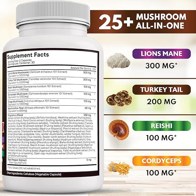 NEW AGE Lions Mane Mushroom Supplement with Turkey Tail Reishi Cordyceps Chaga with Marshmallow Root - 120 Count