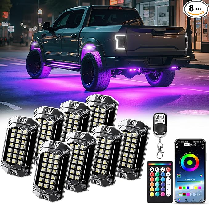 8 Pods Full Angle RGBW LED Rock Lights for Truck ATV UTV RZR SXS Jeeps Van RV Offroad,Waterproof Multicolor Neon Underglow Kit with APP/RF Remote&Brake Red Function, 12V Pure White Underbody Lights