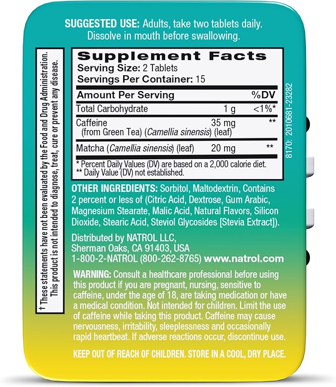 Natrol Quick Balance Energy Mints, Energy Supplement, 30 Lemon Green Tea Naturally and Artificially Flavored, 30 Count, 15 Day Supply