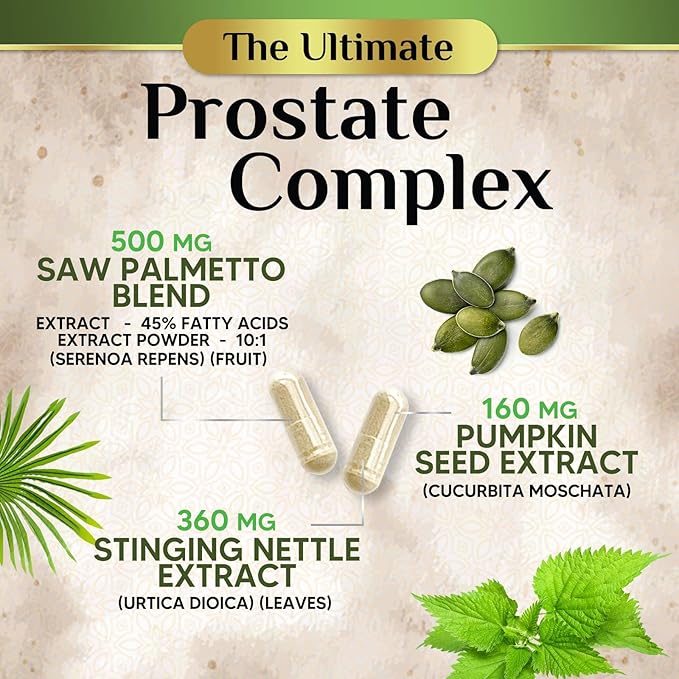 Saw Palmetto for Men Prostate Supplement - Potent 3X Formula with Stinging Nettle + Pumpkin Seed Extract for Men's Health, Herbal Prostate Supplement for Urinary Support, Bottled in USA, 120 Capsules